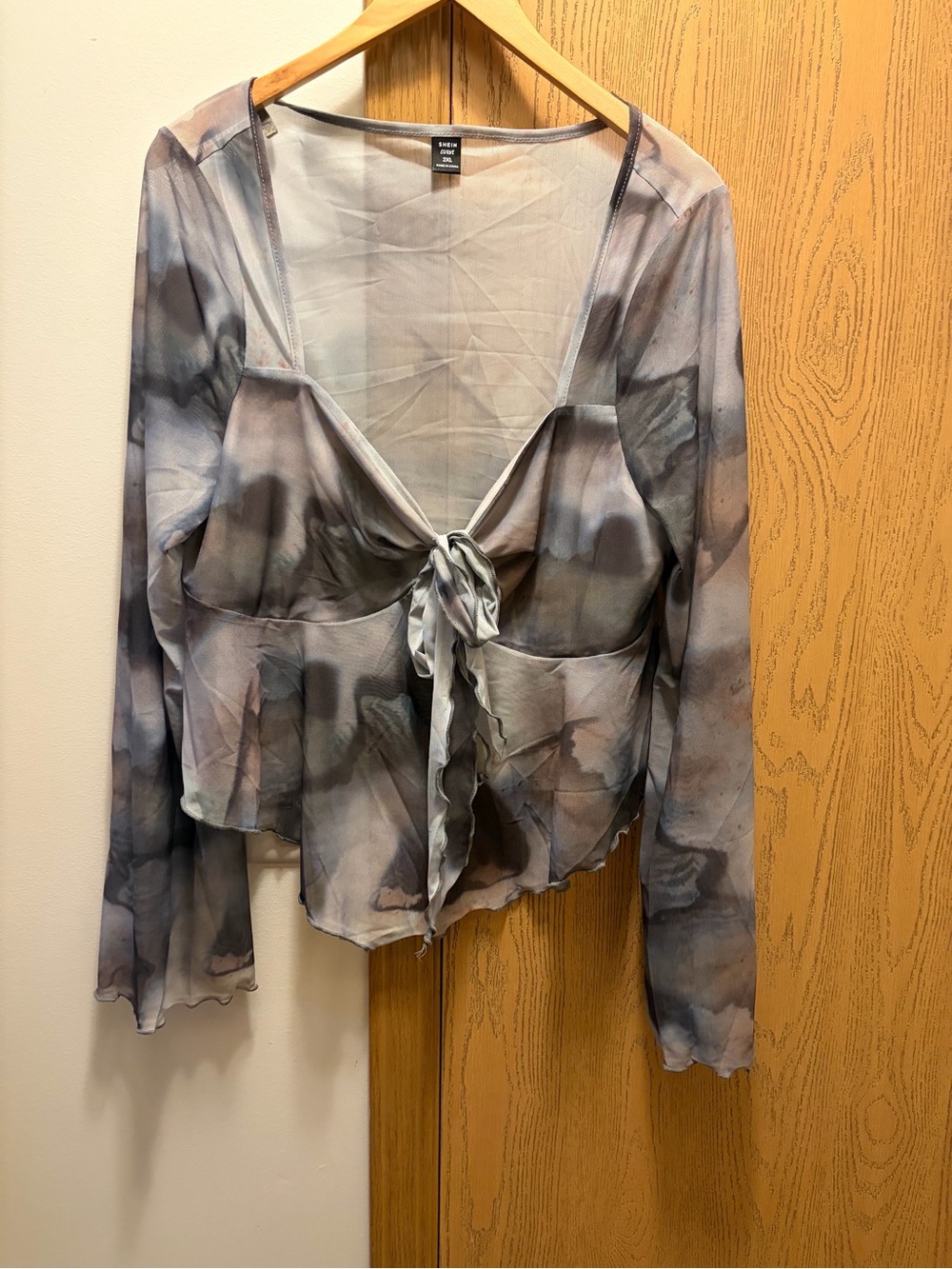 SHEIN Sheer Tie-Front Blouse in Gray and Taupe Wash